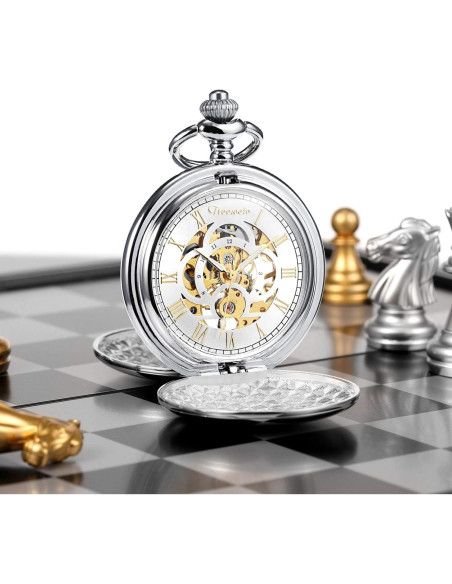Reloj de bolsillo mecánico TREEWETO Vintage Doble Tapa Plata