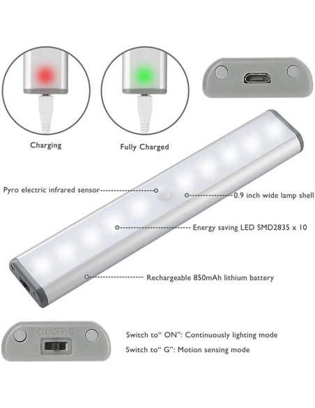 Luz LED portátil RXWLKJ 10 LED con sensor de movimiento