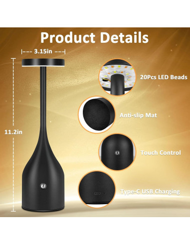 Lámpara de Mesa Inalámbrica FenFud 5000mAh 2 Paquete Negro