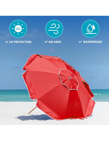 Paraguas de Playa AMMSUN 230cm Rojo UPF50+ Resistente al Viento