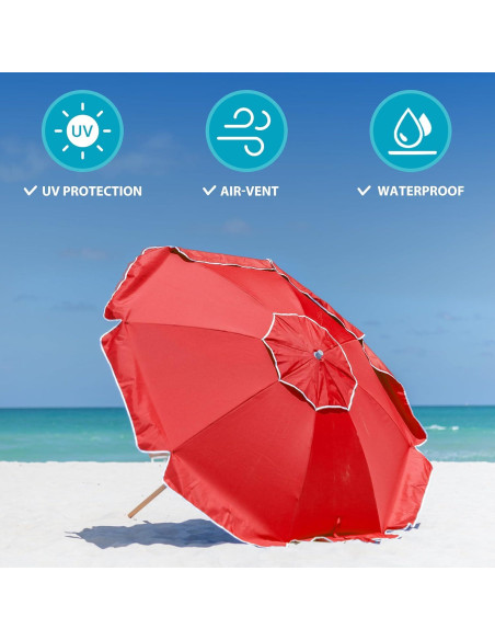 Paraguas de Playa AMMSUN 230cm Rojo UPF50+ Resistente al Viento
