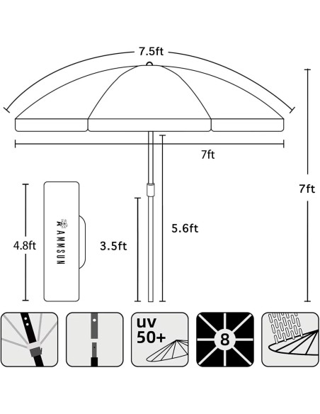 Paraguas de Playa AMMSUN 230cm Rojo UPF50+ Resistente al Viento