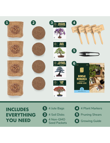 Kit de Inicio Bonsai Garden Republic - 4 Semillas, Tijeras, Tierra