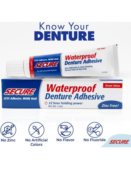 Adhesivo para Dentaduras Secure 4 Pack - Sin Zinc 12 Horas