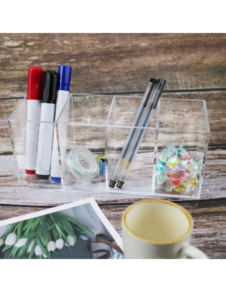 Soporte organizador de bolígrafos acrílico QPEY 4 compartimentos Soporte organizador de bolígrafos acrílico QPEY 4 compartimentos