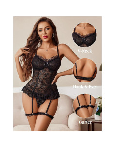 Avidlove Lencería Babydoll de Encaje Negro para Mujeres 2