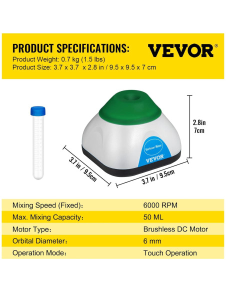 Mezclador Vortex VEVOR 6000RPM Mini 50mL Verde