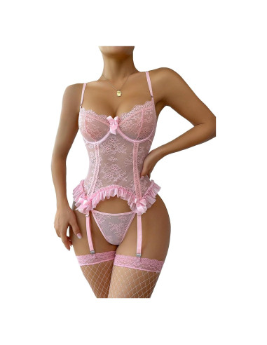 Conjunto de Lencería Sexy WDIRARA 7 Piezas Encaje Rosa Claro