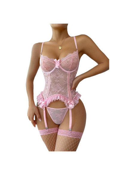 Conjunto de Lencería Sexy WDIRARA 7 Piezas Encaje Rosa Claro