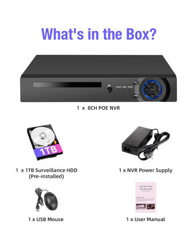 Grabador NVR Fuers 8CH 4K 1TB PoE Seguridad 24/7