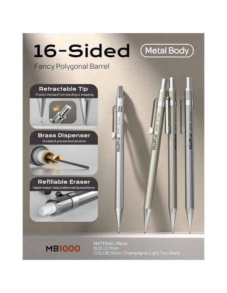 Lápiz Mecánico Nicpro MB1000 0.7mm con Estuche y Repuestos
