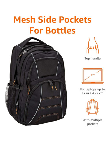 Mochila Amazon Basics para Laptop 17" Negra - Escuela y Trabajo