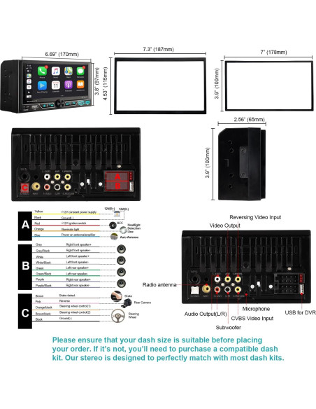 Estéreo de coche Alondy Doble Din 6.8" Bluetooth CarPlay