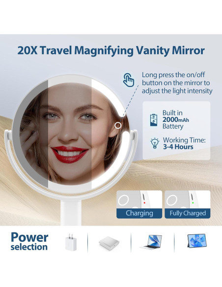 Espejo de Maquillaje MIYADIVA 20X Doble Cara Iluminado