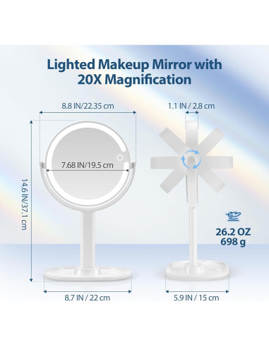 Espejo de Maquillaje MIYADIVA 20X Doble Cara Iluminado