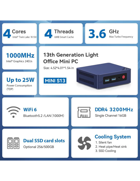 Beelink Mini S13 PC Mini, Intel N150, 16GB RAM, 500GB SSD