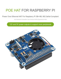 HAT PoE Waveshare para Raspberry Pi 3B+/4B, 5V y 12V 2