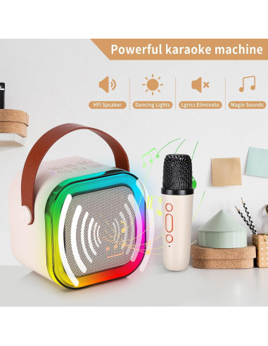 Mini máquina de karaoke con 2 micrófonos inalámbricos - Blanco