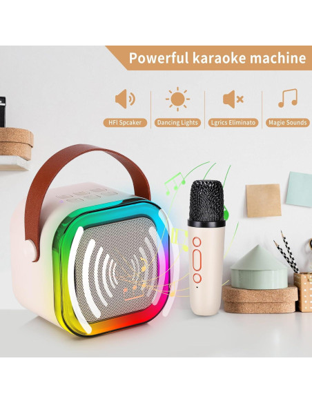 Mini máquina de karaoke con 2 micrófonos inalámbricos - Blanco