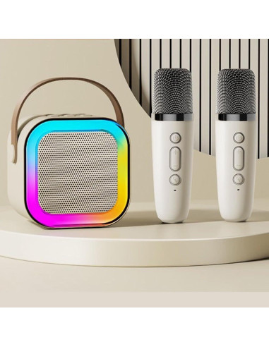 Mini máquina de karaoke con 2 micrófonos inalámbricos - Blanco