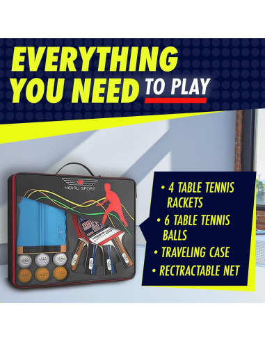Conjunto de Ping Pong NIBIRU SPORT 4 Palas y Red Retráctil