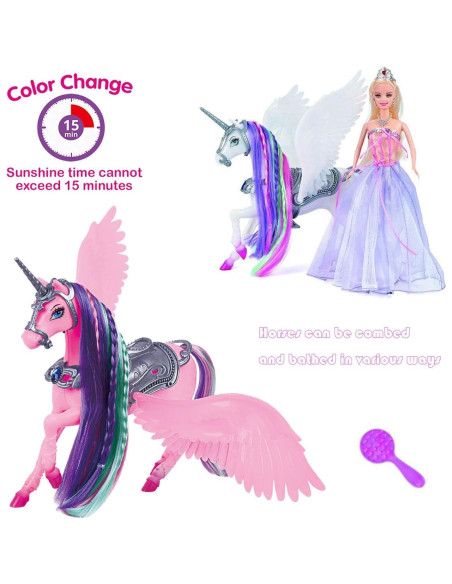Muñeca Princesa y Unicornio Cambiador de Color 30 cm