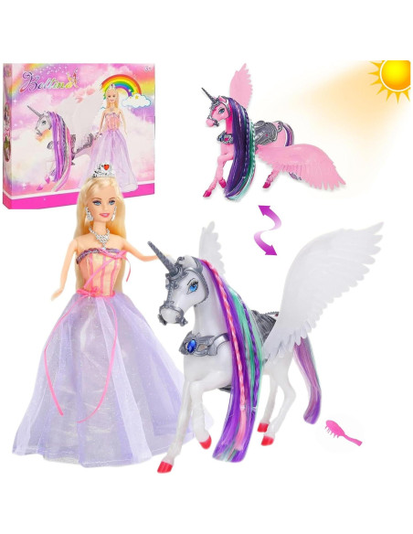 Muñeca Princesa y Unicornio Cambiador de Color 30 cm