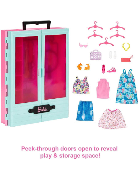 Juego de armario Barbie con 3 atuendos y accesorios