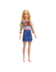 Muñeca Barbie Malibu con Camiseta Arcoíris y Falda de Mezclilla