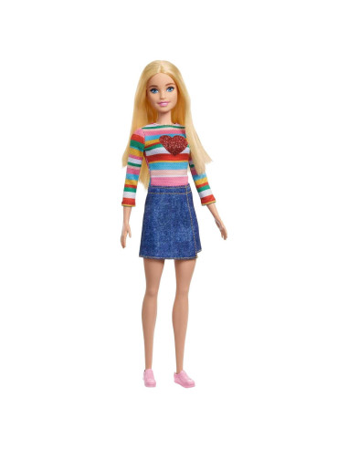 Muñeca Barbie Malibu con Camiseta Arcoíris y Falda de Mezclilla