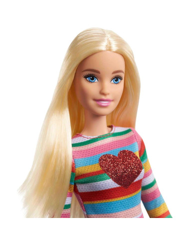 Muñeca Barbie Malibu con Camiseta Arcoíris y Falda de Mezclilla