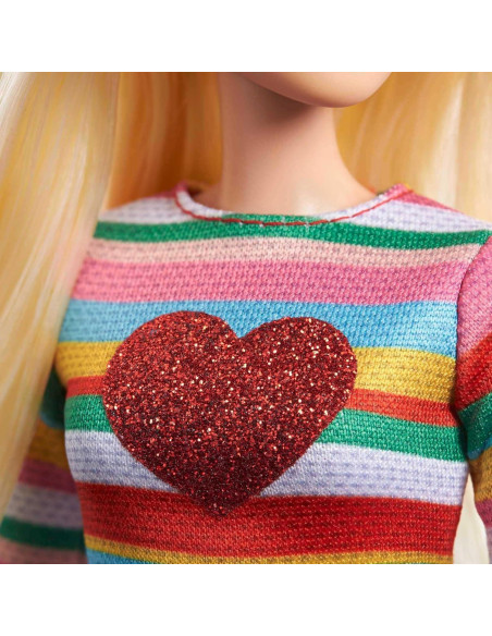 Muñeca Barbie Malibu con Camiseta Arcoíris y Falda de Mezclilla