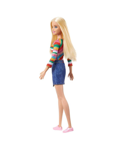 Muñeca Barbie Malibu con Camiseta Arcoíris y Falda de Mezclilla