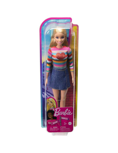 Muñeca Barbie Malibu con Camiseta Arcoíris y Falda de Mezclilla