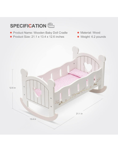 Cuna de Muñeca de Madera ROBOTIME con Ropa de Cama 53.5cm