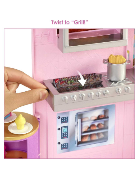 Conjunto de Juego Restaurante Barbie HBB91 con Muñeca y 30 Piezas