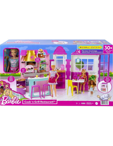 Conjunto de Juego Restaurante Barbie HBB91 con Muñeca y 30 Piezas