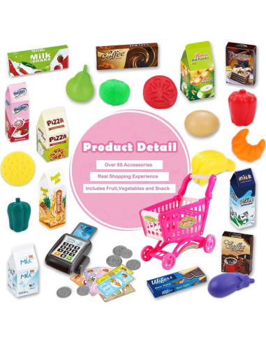Carrito de Compras deAO Kids con 65 Accesorios Rosa