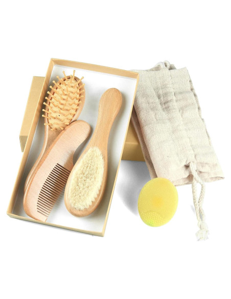 Juego de Cepillo y Peine para Bebés - 4 Piezas de Madera