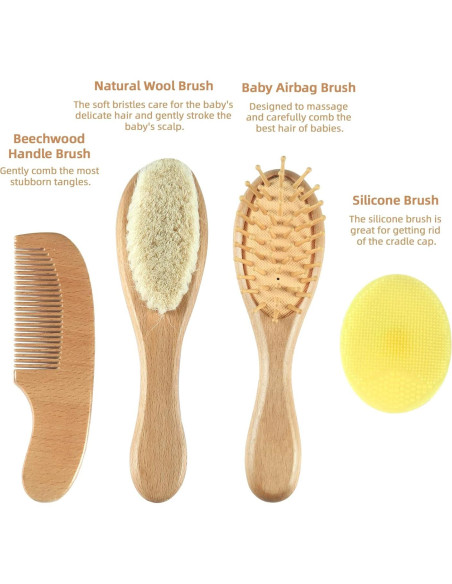 Juego de Cepillo y Peine para Bebés - 4 Piezas de Madera