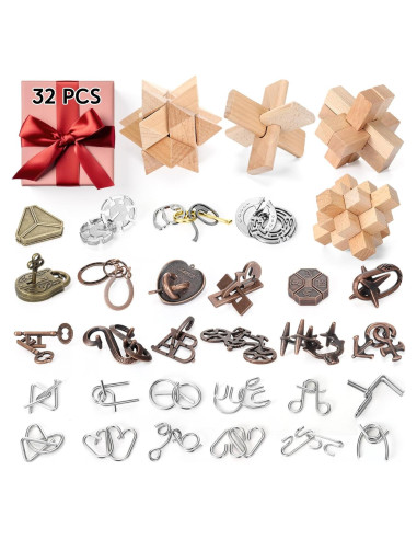 Rompecabezas de Ingenio 32 Piezas Metal y Madera IQ Seenelling