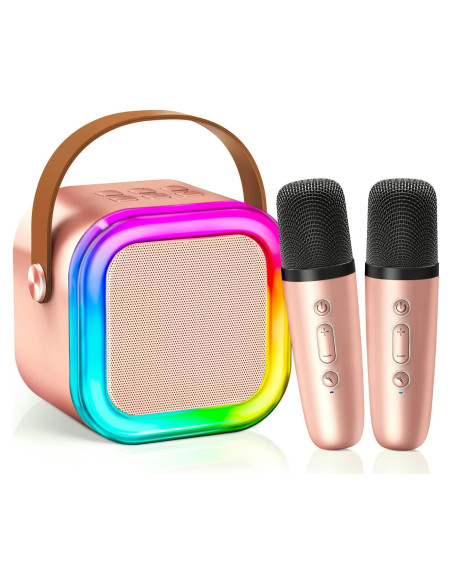 Mini Máquina de Karaoke CscyyAmz Oro Rosa 2 Micrófonos Inalámbricos