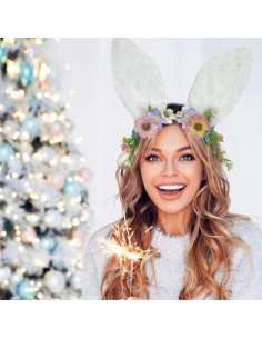Diadema de Orejas de Conejo CZolden con Flores para Pascua 2