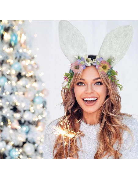Diadema de Orejas de Conejo CZolden con Flores para Pascua