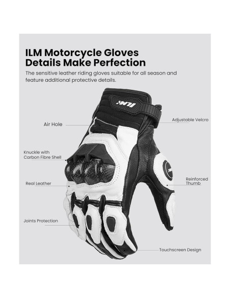Guantes de motocicleta ILM GRC01 Cuero Transpirables M Blanco