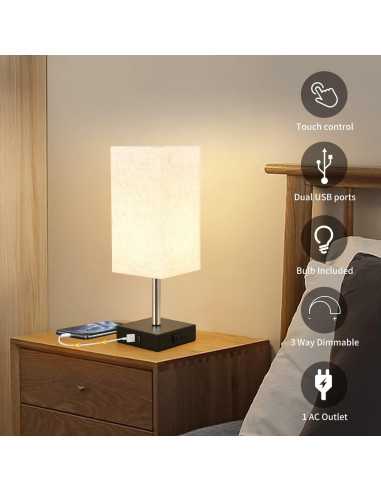 Lámpara de Noche Woderdeng Táctil con 2 USB y Bombilla