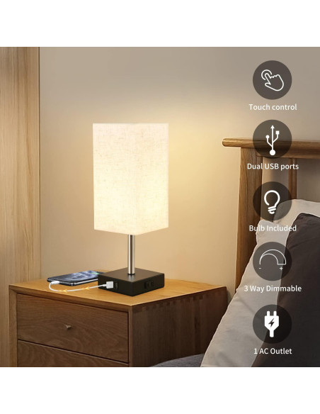 Lámpara de Noche Woderdeng Táctil con 2 USB y Bombilla
