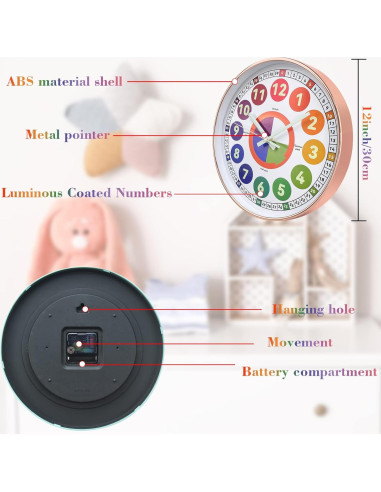 Reloj de Aprendizaje DORBOKER 30cm Oro Rosa Silencioso