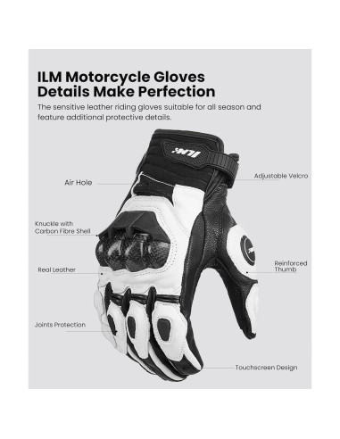 Guantes de motocicleta ILM GRC01 de cuero con tacto (S, Blanco)