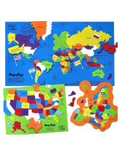 Imagimake Puzzle Mapa de EE. UU. y del Mundo con Banderas